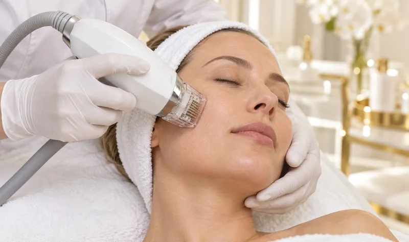RF-Microneedling an der Wange mit einem Mehrnadel-Handstück und behandschuhten Händen